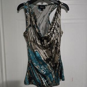 Iz Byer Teal and Brown Cowl Neck Blouse